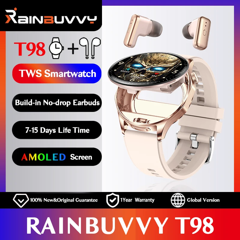 Rainbuvvy T98 TWS Smart Watch Build-in Earbuds 1.43inch 3 IN 1 Wireless Earphones Blutooth Call Smartwatch