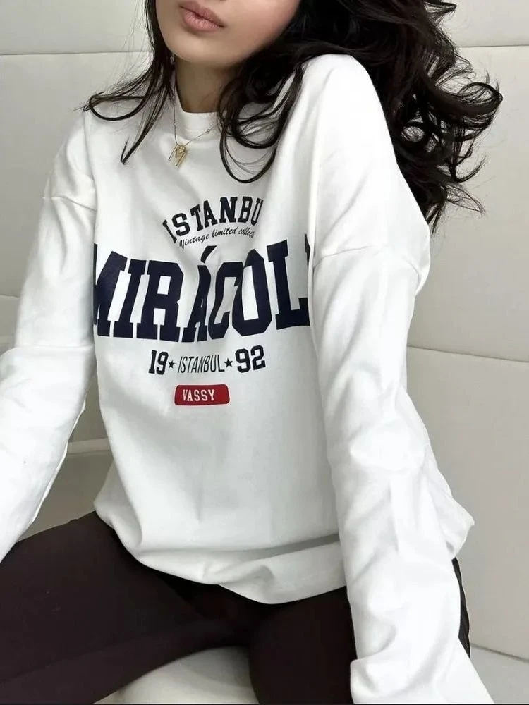 Faionable rond Ne Long Sve T-shirt ample imprimé haut en coton décontracté pour les femmes confortable respirant vêtements d'automne