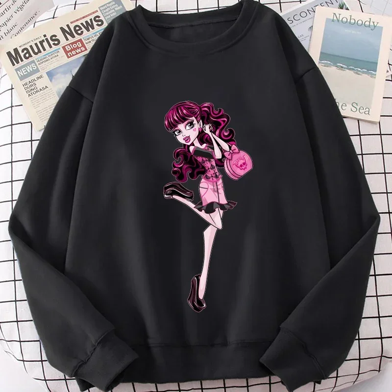 Monster High Cartoon Print Hoodie Kpop Long Sleeve Hoodies Women Pullover 2024 Autumn Winter Fashion Harajuku Sweatshirt