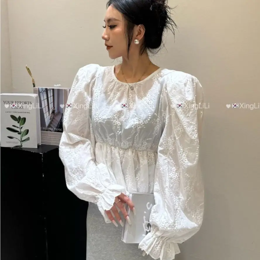 

2025 New Style French Retro Embroidered Puff Sleeve Chic Shirt