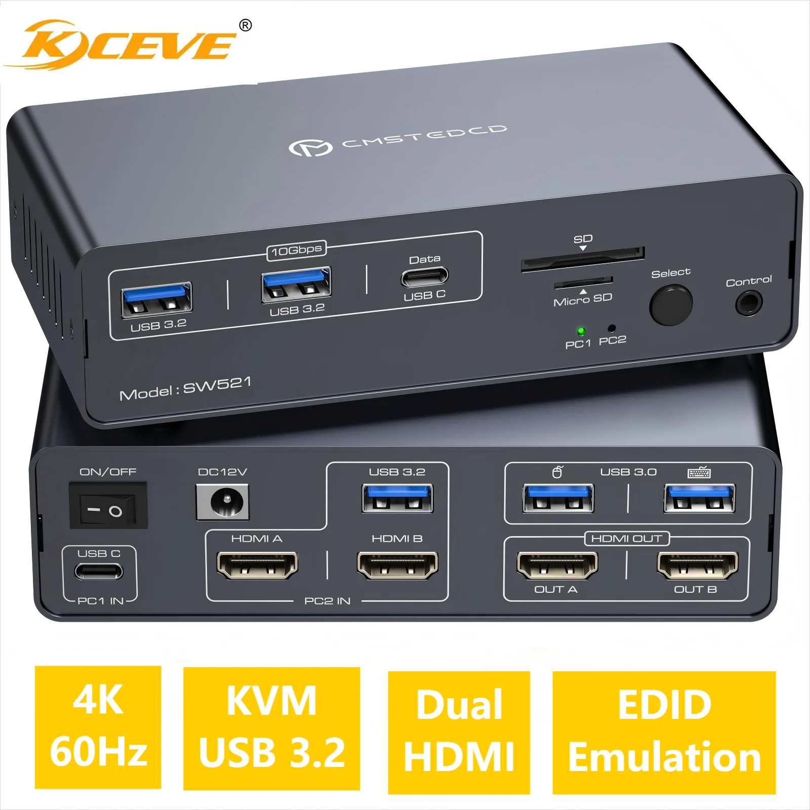 10Gbps USB 3.2 USB-C HDMI KVM Switch 4K@60Hz EDID Dual Monitor Type C Switch 1 Laptop 1 Computer 2 Monitor for Macbook 2 PC