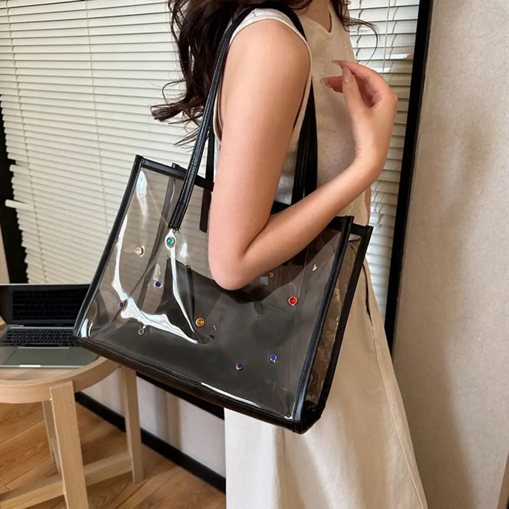 

2pcs/set Fashion Summer Transparent Totes Bag Beach Swim Jelly Shoulder Bag Waterproof Large Capacity Shopping Bag For Women