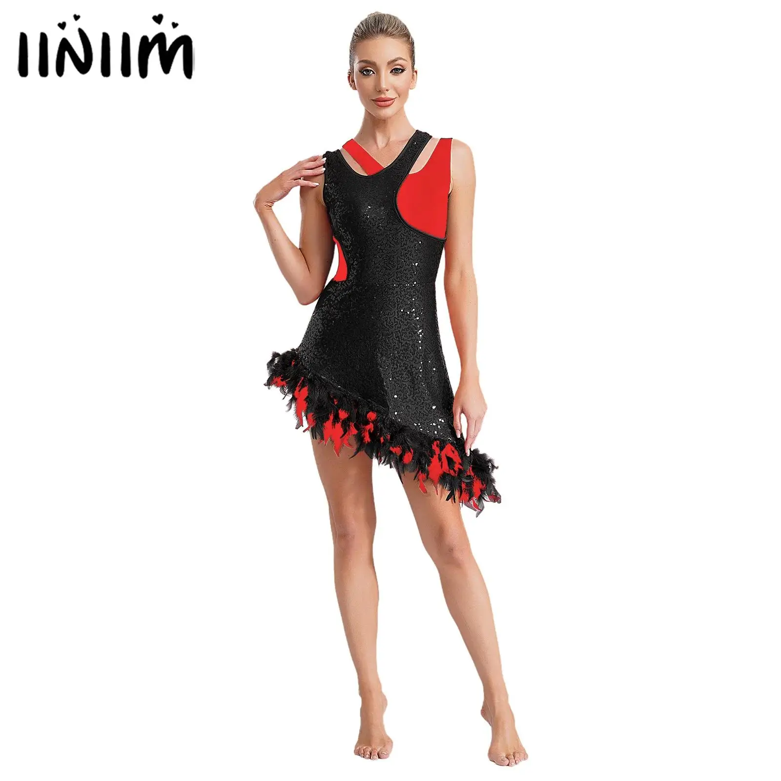 Womens Jazz Latin Dance Performance Costume Cha-Cha Theme Party Dresses Feather Trim Hem Sparkling Sequins Dress Dancewear