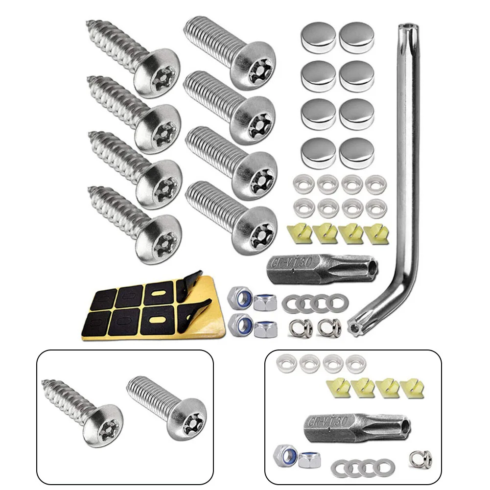 Anti Theft Auto Security License Plate Screws Accessories Stainless Steel Screws Car Front Rear License Plate Screws Kit Silver