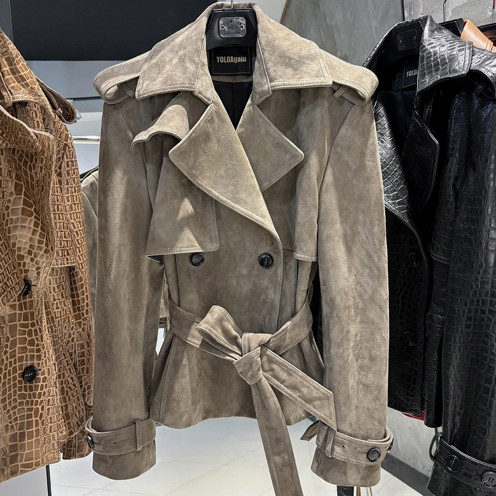 YOLOAgain Double Breasted Croc Pattern Leather Jacket Women 2026 Autumn New Genuine Leather Jacket Ladies