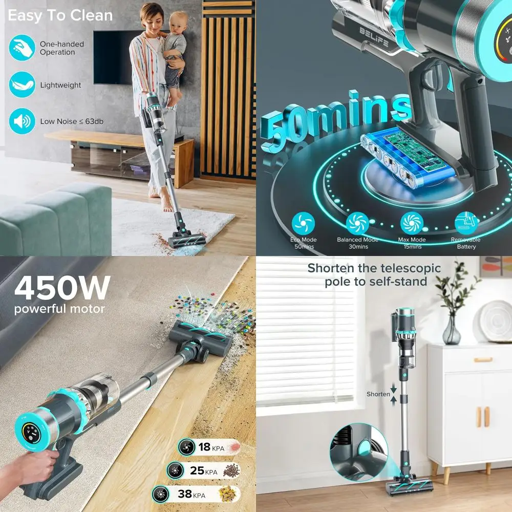 

450W 38Kpa Cordless Vacuum, 50 Min Runtime, 13000 RPM Brushless Motor, Ideal for Hardwood Floors and Pet Hair (Blue)