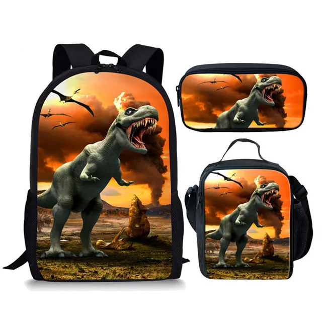 Tas sekolah anak laki-laki perempuan, ransel cetakan 3D dinosaurus lucu, tas sekolah pelajar hewan remaja laki-laki perempuan 3 buah/set