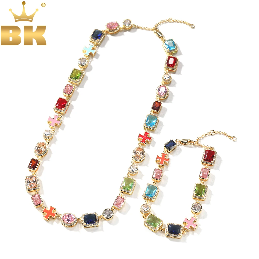 TBTK Iced Out Multicolor Green Blue Red Pink Black Gem Stone Enamel Cross Chain Necklace Big Gemstone Bracelet HipHop Jewelry