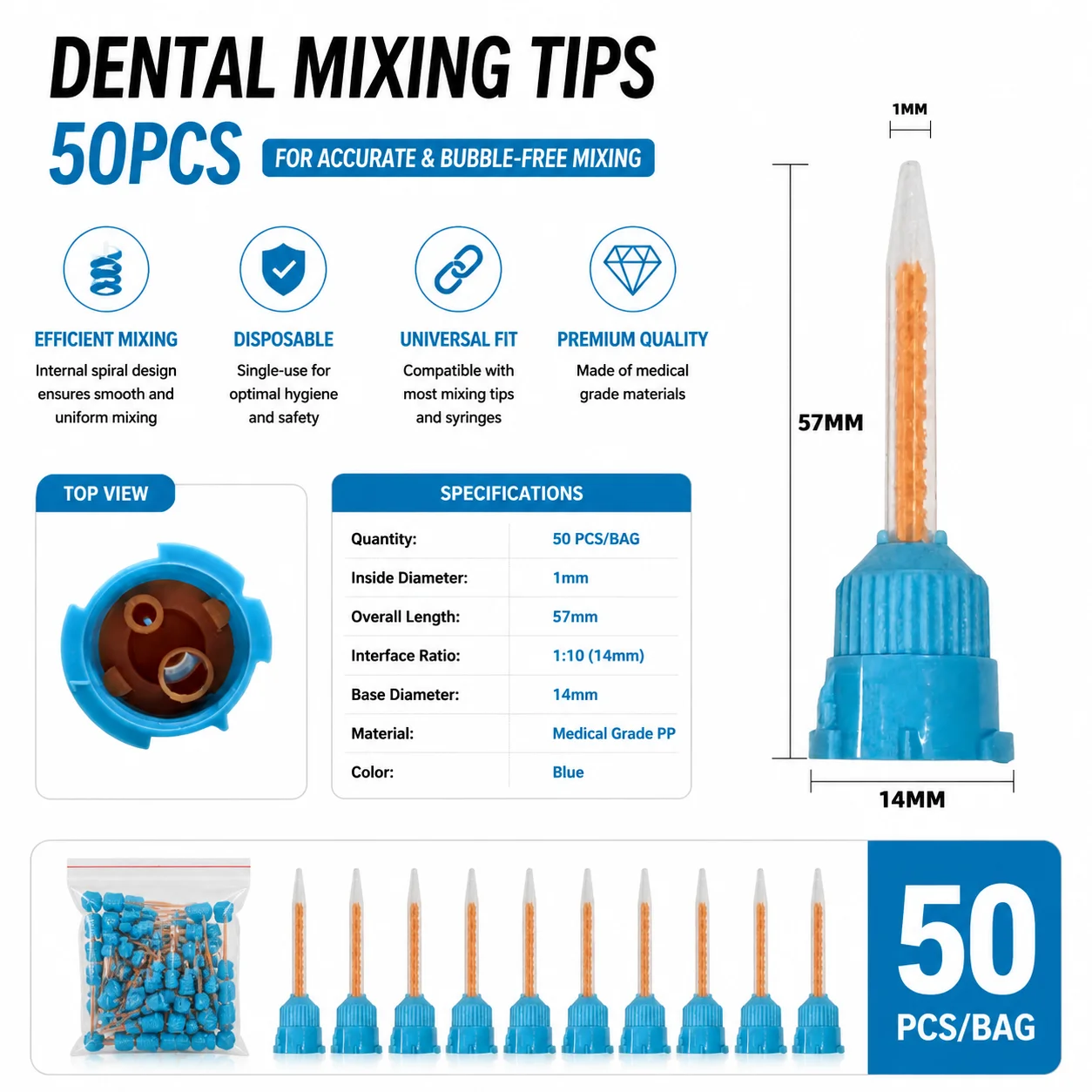 50/100 Stück Dental-Mischspitzen Einweg-Mixer 1:1 Gelbe Mischspitzen Einweg-Zahnmedizin-Mischspülungen Mischrohr