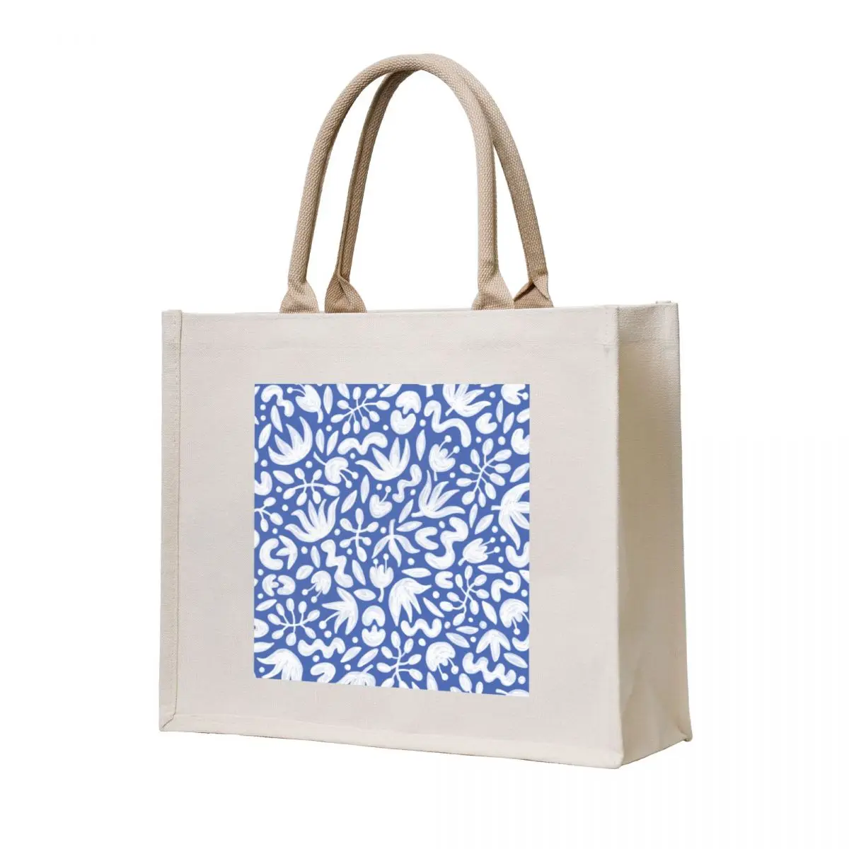 

White Florals on Waterline Blue Hand Painted Pattern No.2 Tote Bag canvas bags Candy bags Portable shopping bag