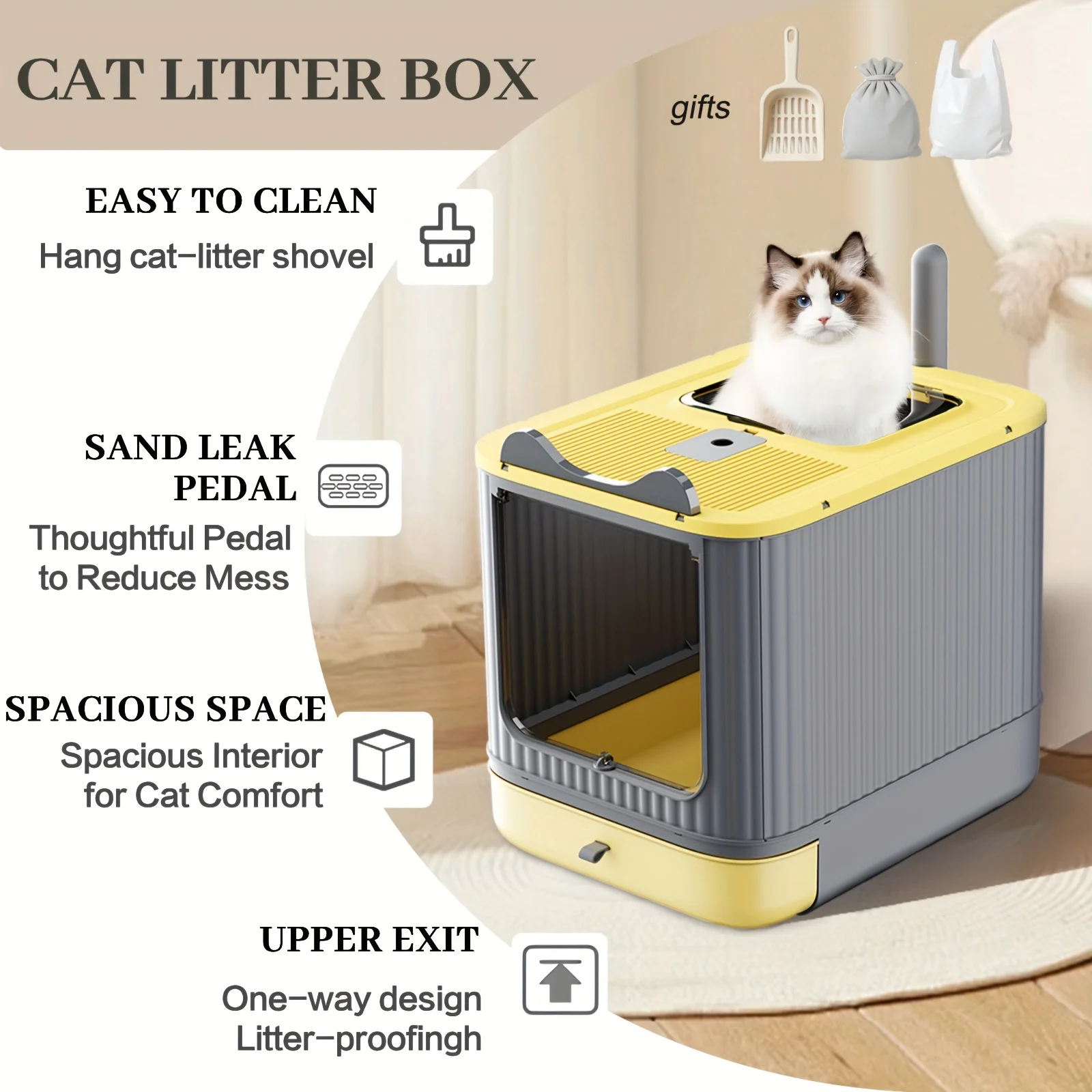 

The Litter Box Is Fully Covered And Spacious, Designed for Small to Medium Cats. It Prevents Spills, Is Easy to Clean, Store, And Set Up, And Comes with a Scoop for Cat Litter Box