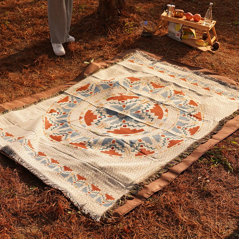 Outdoor Camping Carpet, Bohemian Style Decorative Blanket, Travel Picnic Mat, Leisure Mattress Sofa Cover, Tassel Linen Fabric