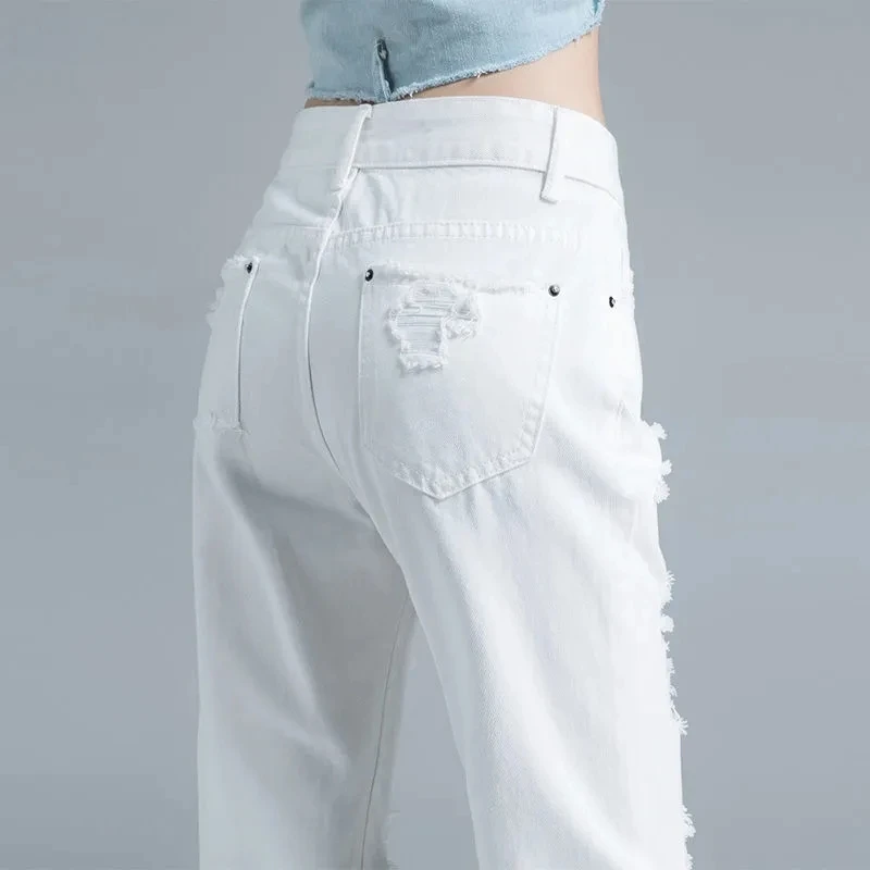 

20222 Summer New Jeans Womens Ripped Fashion All-match Casual Straight Pants Women Large Size High Waist Thin Nine-point Pants