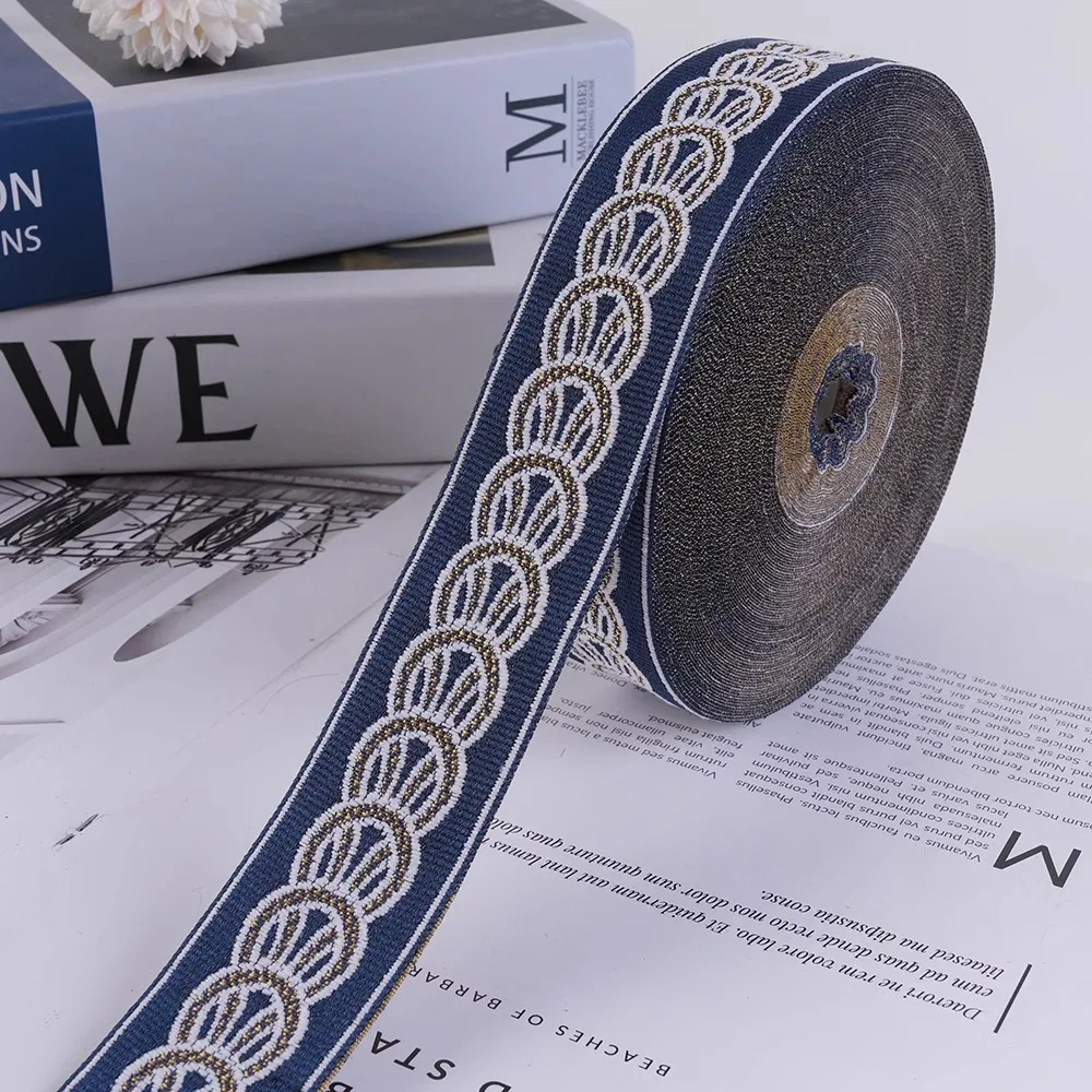 25 Meters Luxury Woven Jacquard Ribbon Dubai Saudi Sewing Tapes 3CM Gray Navy Blue Straps with Gold Thread for Textile Decor