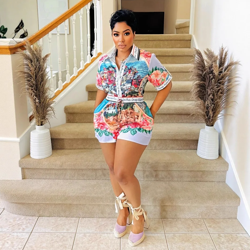 

Fashion Beach Style Floral Print Short Sleeve Shirt And Shorts Set Two Pieces Women Casual Holiday Party Patchwork Colour Outfit