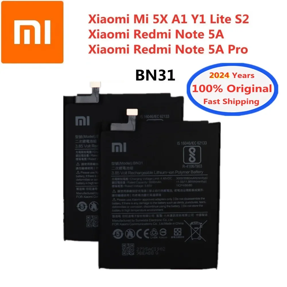 

2024 года, 100% оригинальный аккумулятор Xiao mi BN31 для Xiaomi Mi 5X Mi5X Redmi Note 5A/Note 5A pro Mi A1 Y1 Lite S2, аккумулятор 3000 мАч