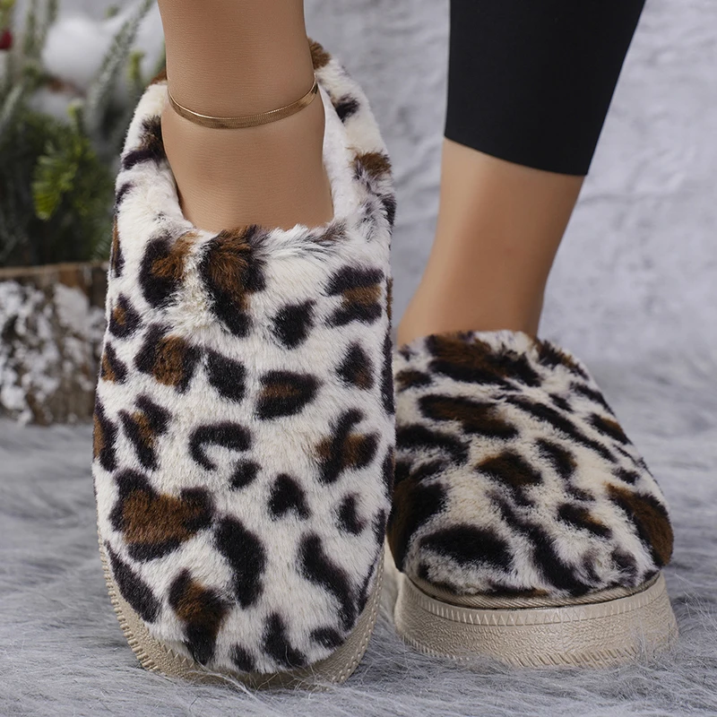 Autumn Winter Leopard Womens Snow Boots Warm Casual Boots Wool Thick Soles Without Heel-covered Hair Half Slipper Cotton Shoes