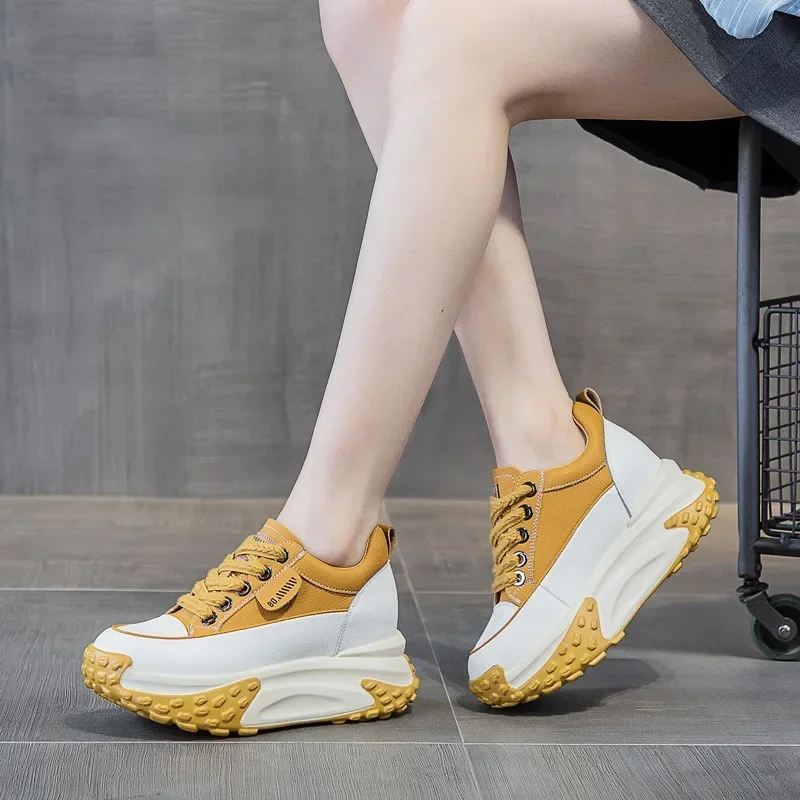 7CM Genuine Leather Platform Wedge Fashion Women Spring Well-fitting Autumn Chunky Sneakers Shoes Breathable Mixed Color Winter