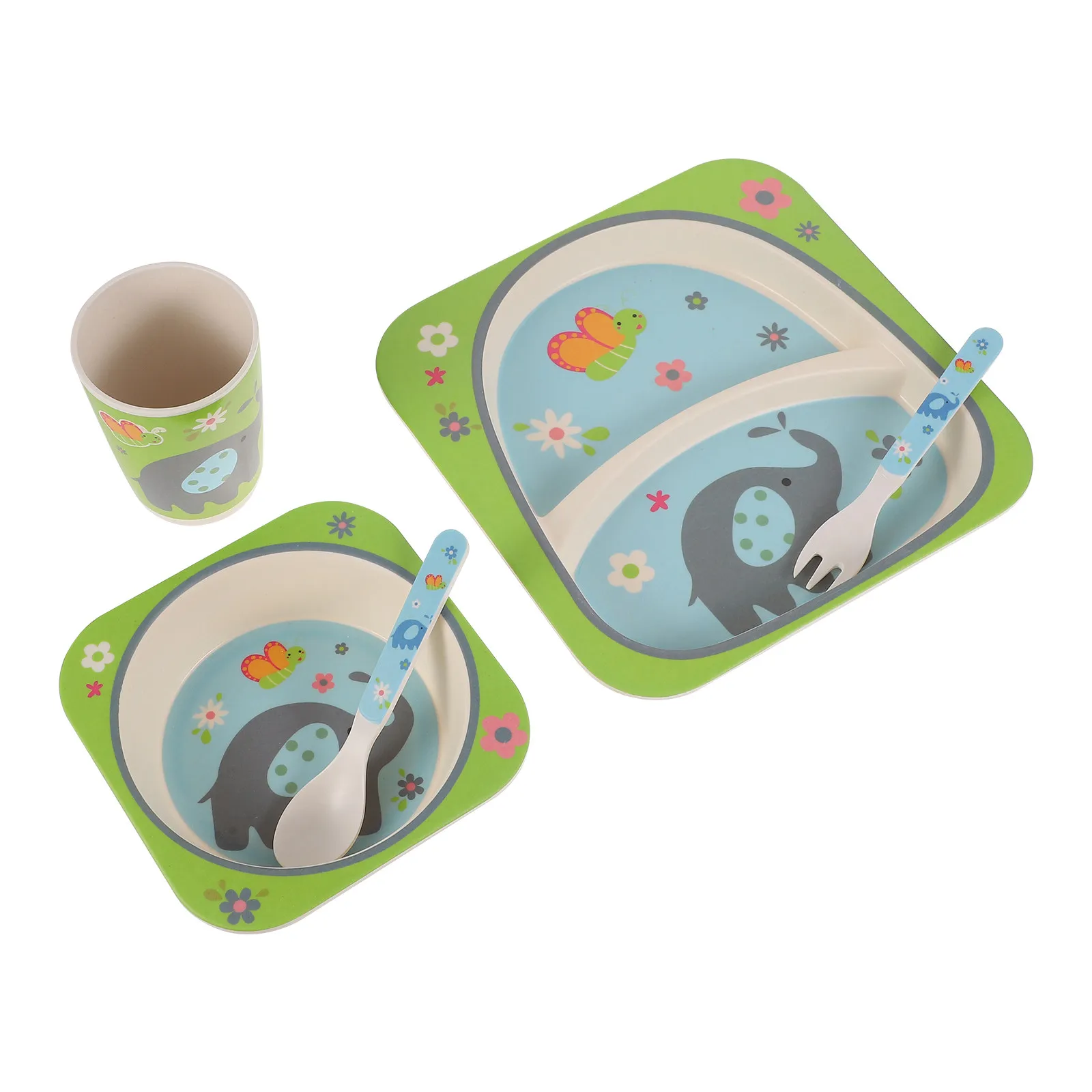 

5Pcs Kids Bamboo Tableware Set Cartoon Inspired Toddler Dining Kit Material Dishwasher Safe Smooth Edges Promotes
