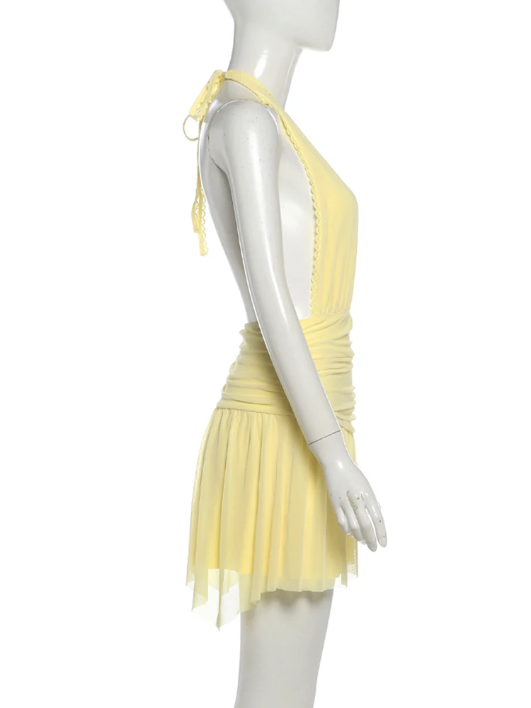 Sisterlinda Neckholder-Spitzenkleid für Damen, Bandage, tiefer V-Ausschnitt, rückenfrei, ärmellos, Falten, unregelmäßiger Saum, modisch, Streetwear, Sommer, figurbetont – Detail 5