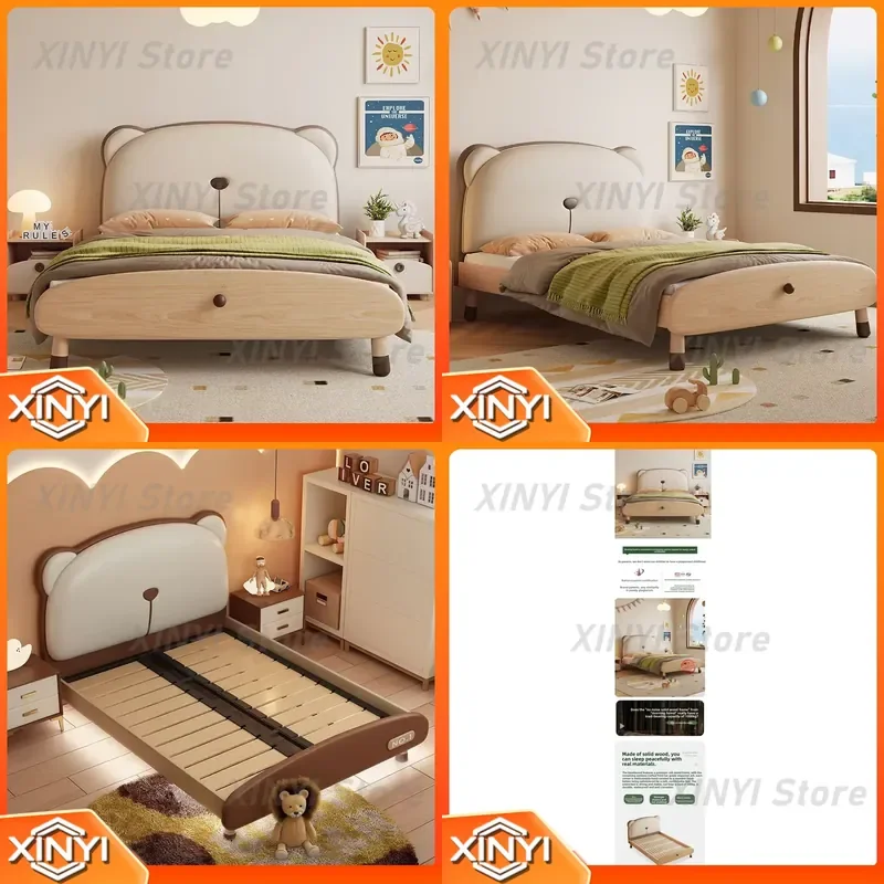 Solid Wood Bear Shaped Children's Bed for Kids Bedroom Furniture – Luxury Leather Double Bed with Soft Upholstered Headboard