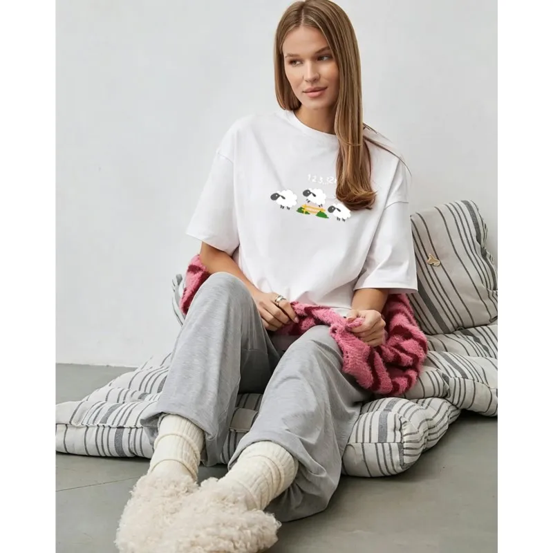 Women's T-shirts 2026 Pure Cotton Print Beautiful Sheep Lovely Tops For Women Study Home Office Shopping Clothes