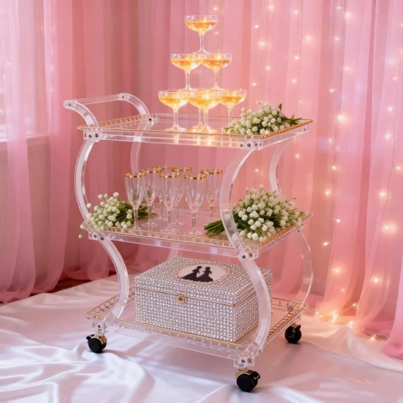 Acrylic Trolley Hotel Gold Triple Service Dining Cart Wedding Supplies Home Furniture