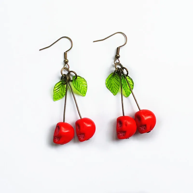 Gothic Skull Cherry Earrings For Women Fashion Pagan Witch Jewelry Accessories Gift Red Vampire Skull Green Leaf Ear Hooks Trend