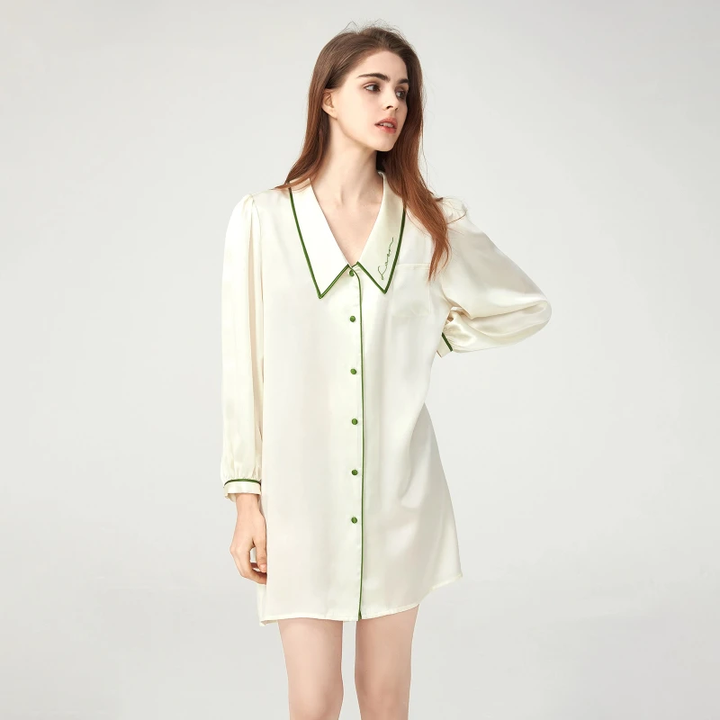 

Сорочка из 100% тутового шелка, ночная рубашка с длинными рукавами, одежда для сна, ночная рубашка на пуговицах с лацканами, пижамное платье, ночная рубашка, домашняя одежда