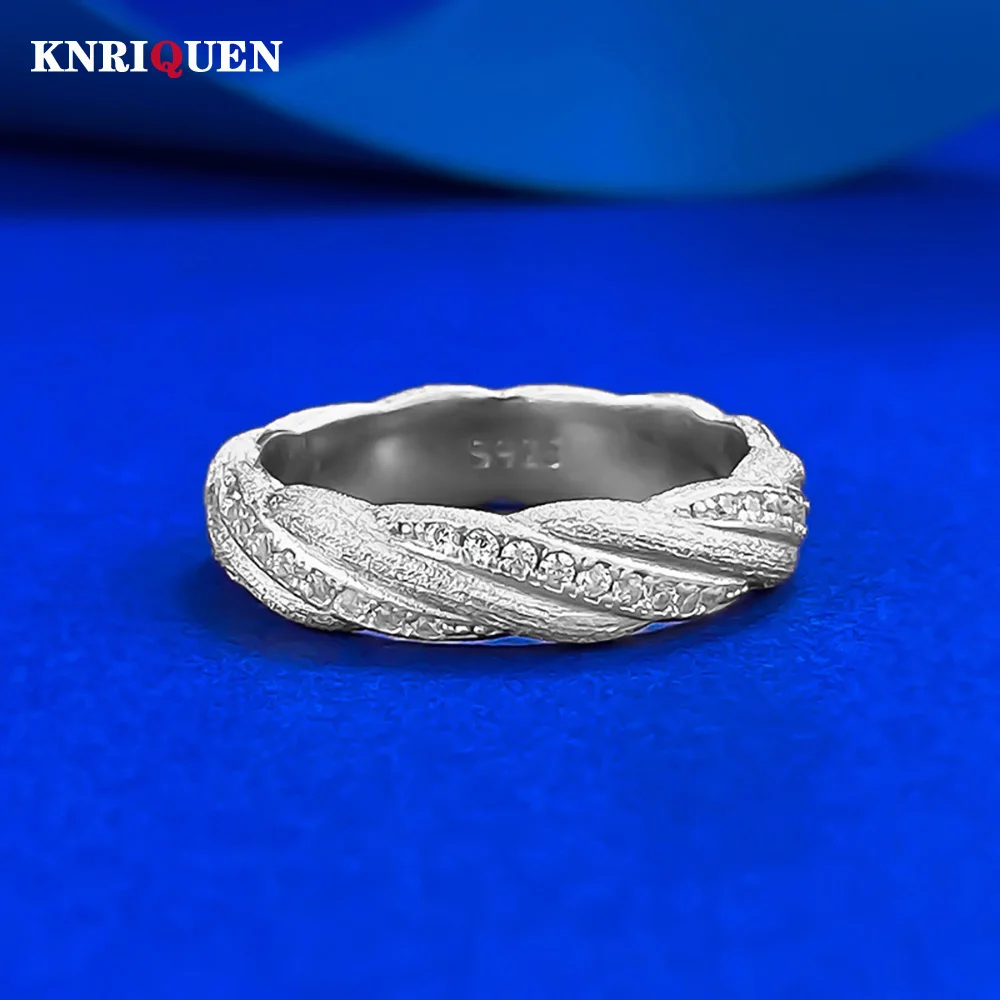 Charms 925 Sterling Silver High Carbon Diamond RingsItalian Brushed Women's Ring with Layered braid Texture Quality Fine Jewelry