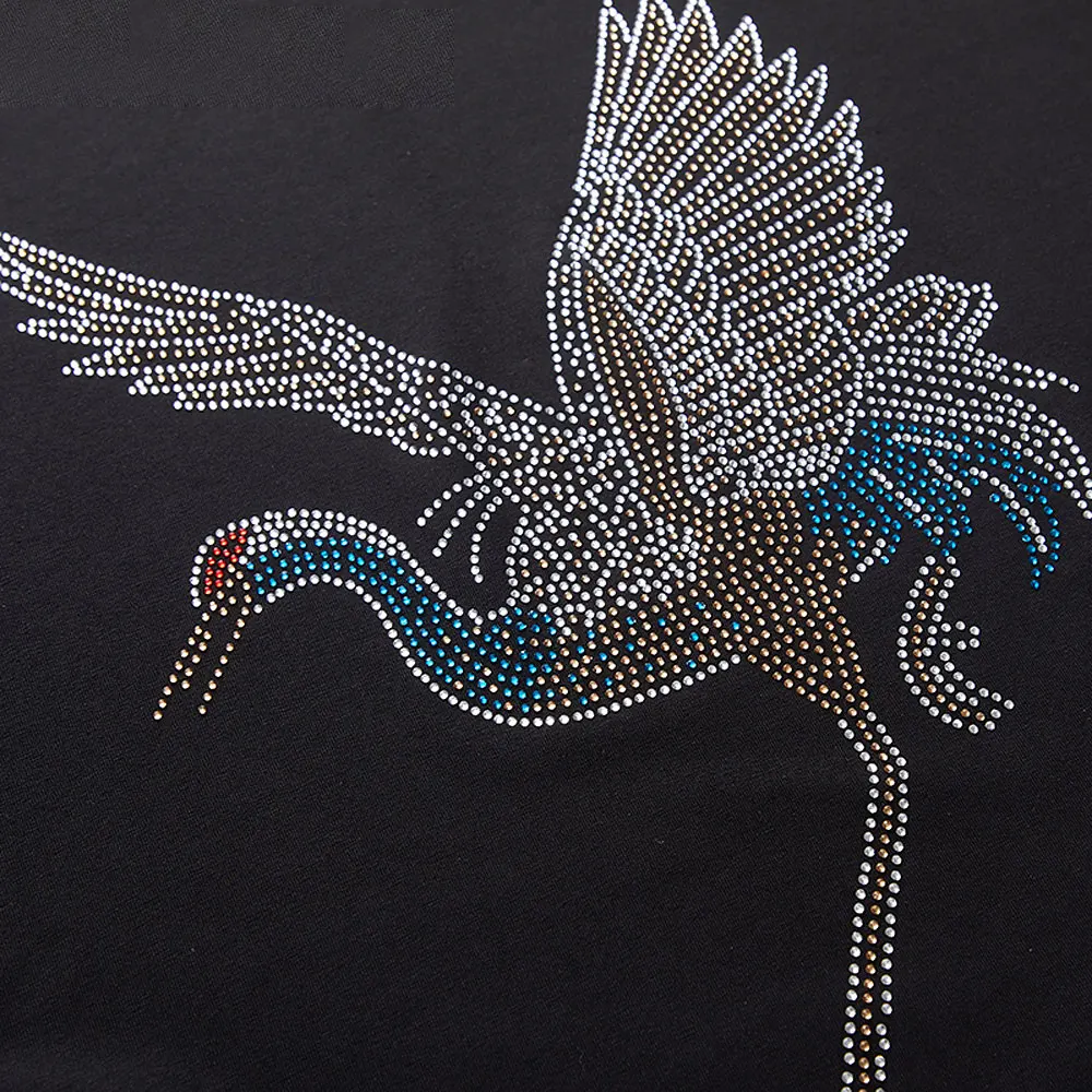 2024 High Quality Red-Crowned Crane Rhinestones Men\'s Short Sleeve T shirts Cotton S-5XL Flying Birds Print O Neck Tees