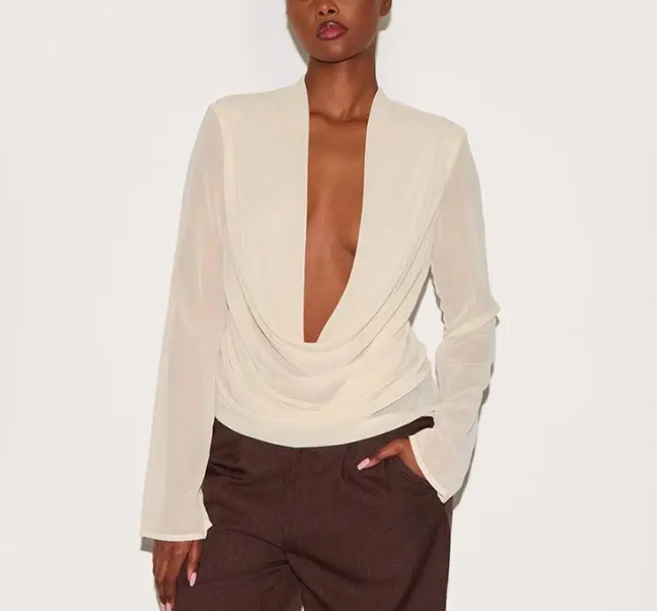 

2025 г., пикантная новая модная осенне-зимняя шифоновая сетка с глубоким v-образным вырезом, прозрачный шарф с длинными рукавами, рубашка, топ, женская одежда