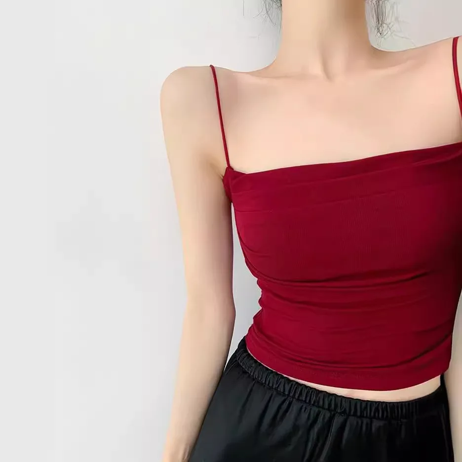 Summer Sexy Slim Fit Camisole Vest Cropped Top With Thin Straps Women Tank Tops Sleeveless Solid Color Built In Bra Tees Korean