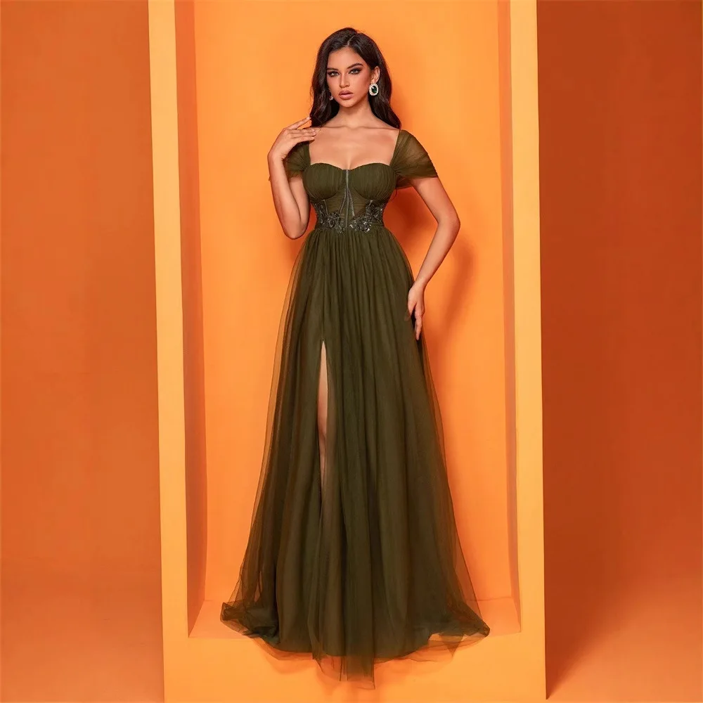 

Chiffon green slit dress fish tail bridesmaid party evening gown