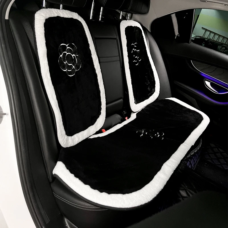 Winter Soft Plush Universal Car Seat Cover Classic Black White Camellia Flower Auto Seat Cushion Keep Warm Mats Car Accessories