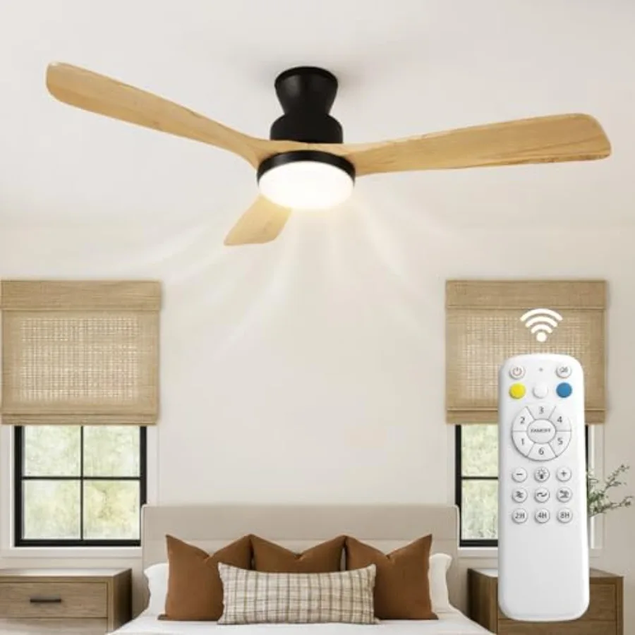 Ceiling Fans with Lights for Farmhouse Living Room Bedroom, Natural Wood 52 Inch Flush Mount Ceiling Fan, 3CCT Dimmable Light,