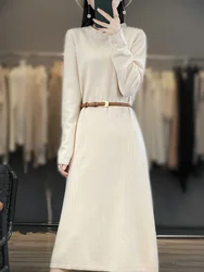 Women's Long Over-the-Knee Cashmere Sweater Skirt Loose Fit round Neck Wool Knitted Dress for Autumn And Winter