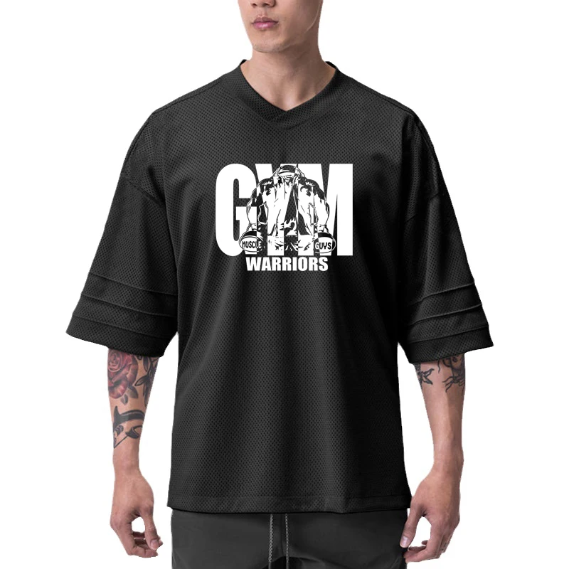 

Футболка для бега, мужская футболка большого размера с заниженными плечами, v-образным вырезом и половиной рукава, футболка для фитнеса, сетчатая свободная спортивная одежда для воинов, спортивная футболка