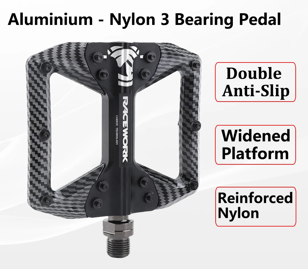 RACEWORK Bicycle Pedals 3 Bearings Mountain Road Bike Carbon Fiber Coating Ultralight Flat Pedal MTB Aluminum Alloy Nylon Pedal