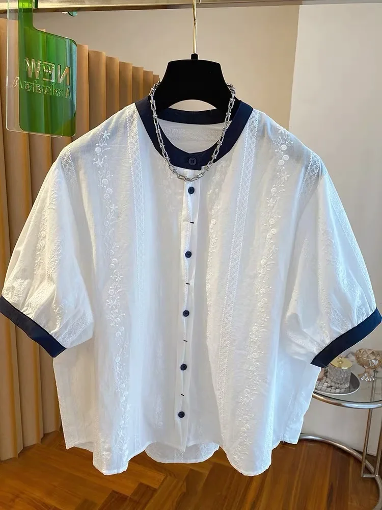 

Однобортная рубашка контрастного цвета с короткими рукавами, женская летняя корейская рубашка с круглым вырезом 2025, повседневные свободные белые блузки, женские топы