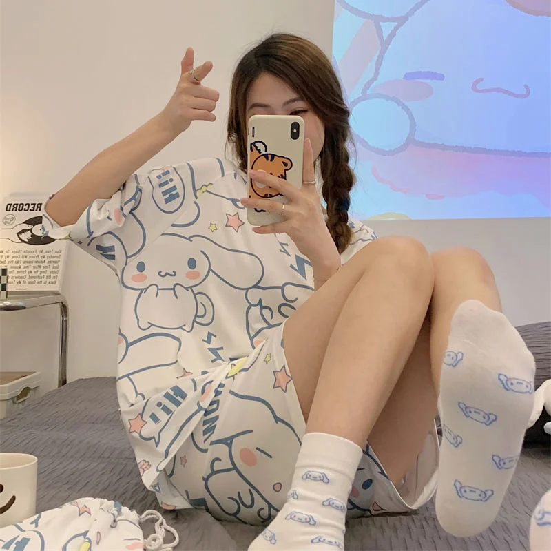 Sanrio Cinnamoroll Stitch Women Short Pajama Sets Y2k Cute Fashion Sleepwear Women 2023 Home Clothes Summer Short Sleeve Nightie