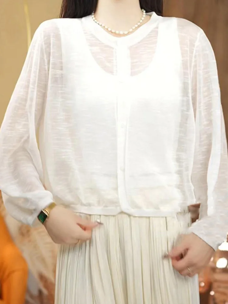 Blauwe lichtgewicht zonbescherming gebreide trui dames bovenkleding open vest zomer nieuwe Koreaanse Sle losse top