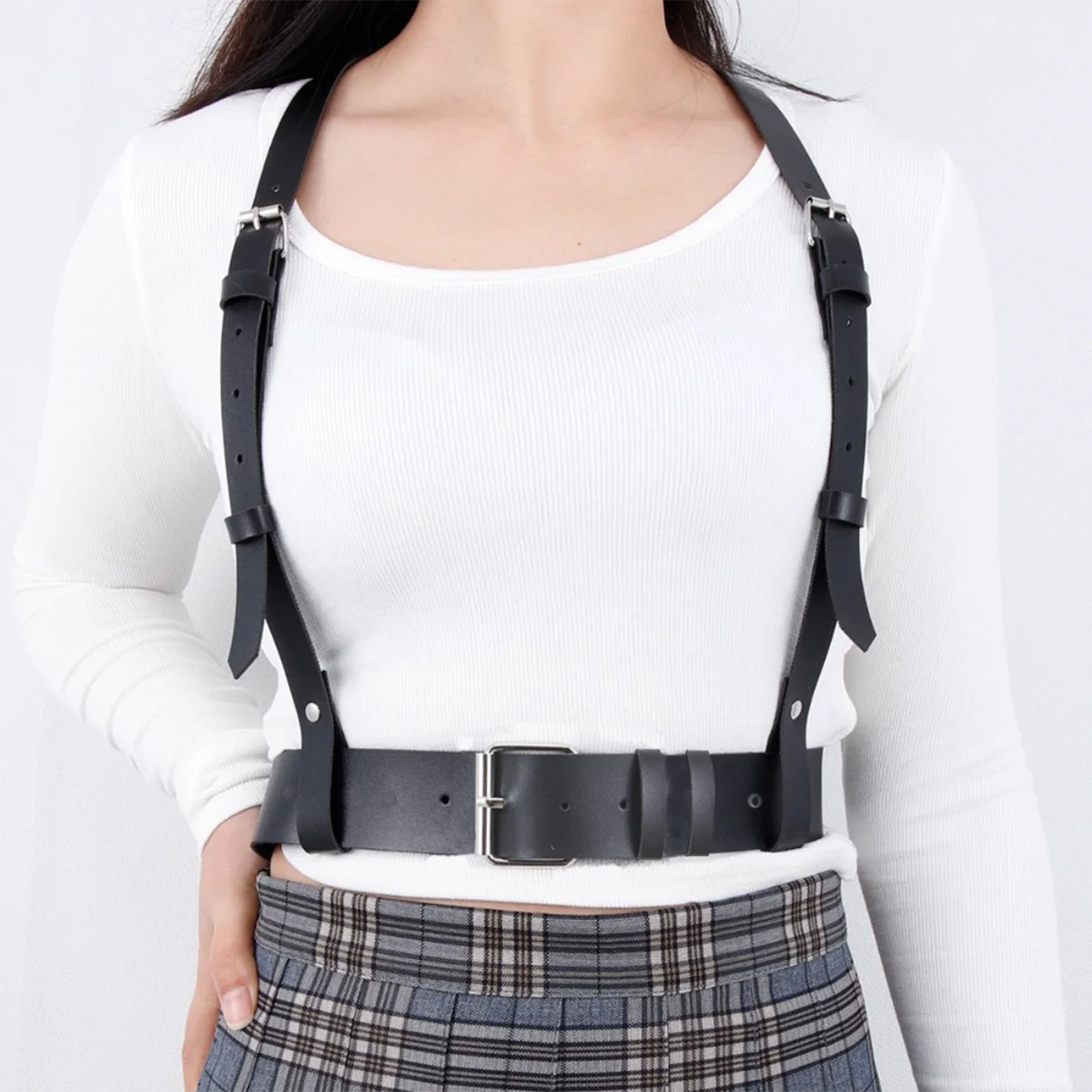 

Black Leather Body Harness Belt - Adjustable Punk Waist and Shoulder Straps for Women, Sexy Fashion Accessory