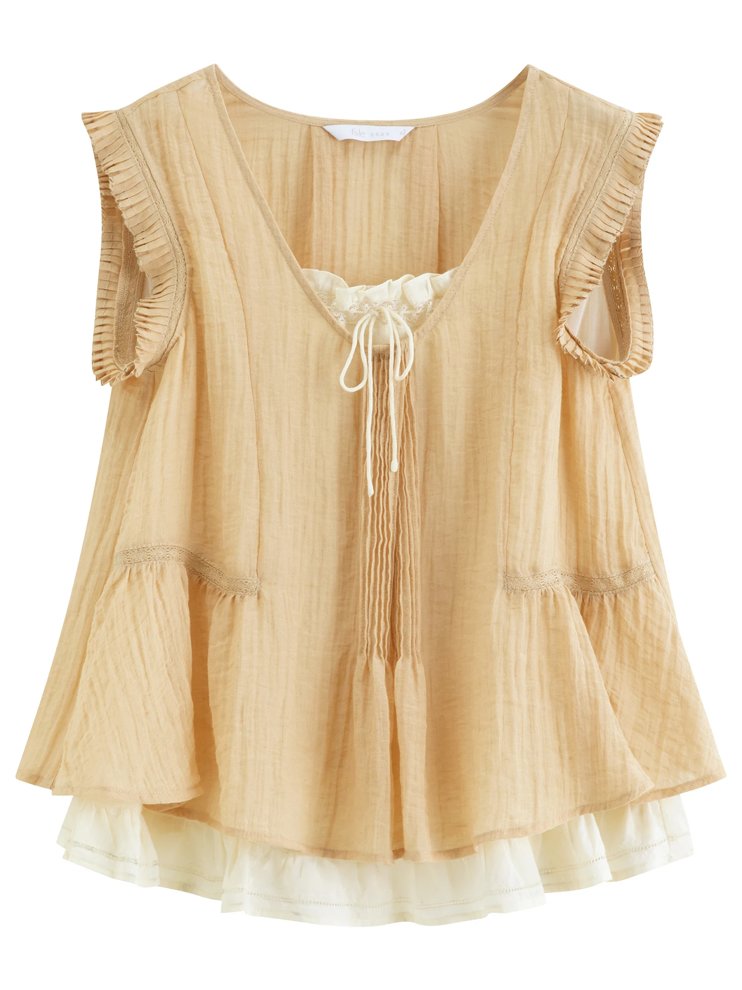 FSLE 2026 Summer Women's Faux Two-Piece Pleated Linen Sleeveless Top, Layered Look Vest for Youthful Modern Minimalist Style