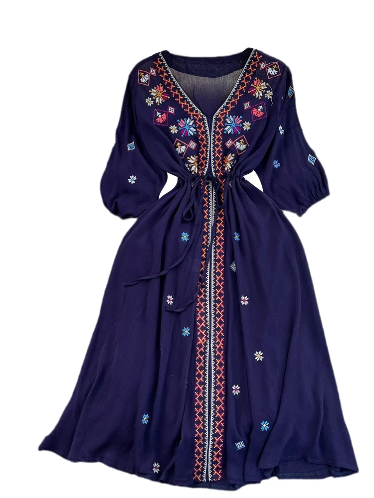 n Ethnische Stickerei A-Linie Dr V-Ne Taillenmieder Slim Fit Five-Viertel Sve Beach Vaion Beachwear Rock