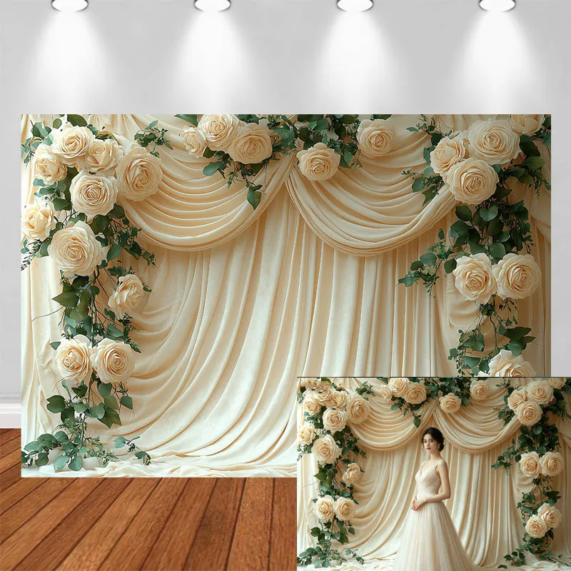 LS Photography Background White Curtain Arched Flower Door Green Leaf Decor Wedding Adult Portrait Photo Backdrop Studio