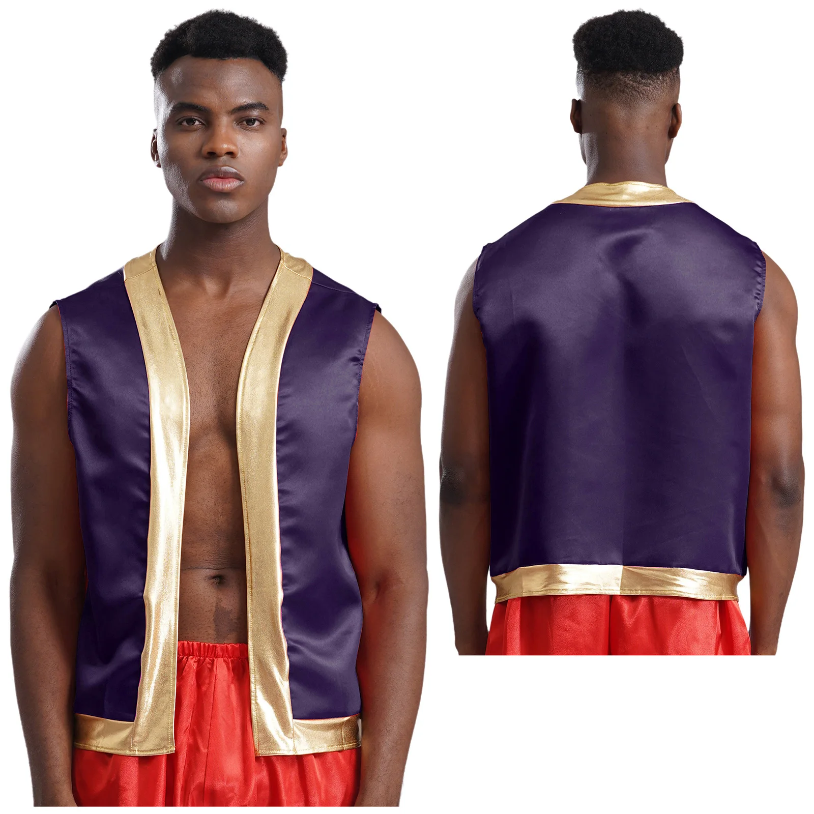 Picture 6: Mens Halloween Circus Magician Costumes Carnivals Theme Party Cartoon Wizard Warlock Cosplay Gold Trim Ringmaster Vest Waistcoat