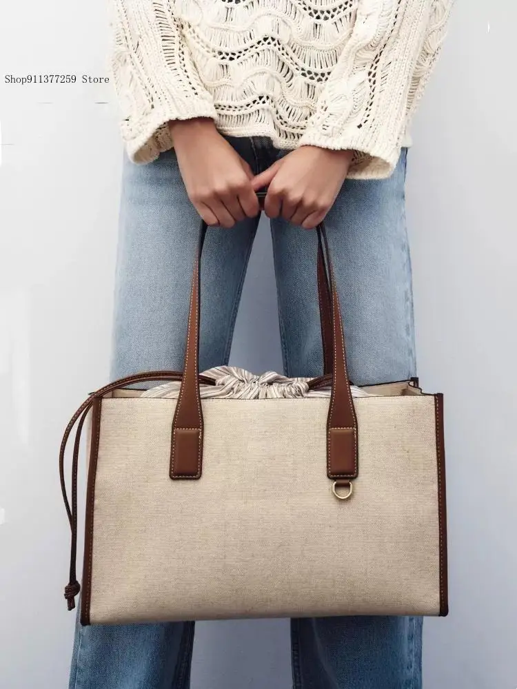 Stylish Large Capaci Shopping Bag Female Shoulder Handheld Commuter Leisure Canvas Color Contrasting Tote Bag for Women