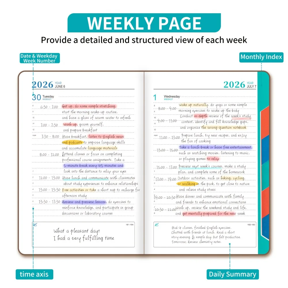 كتاب مخطط 2026، مخطط تقويم الانضباط الذاتي، تخطيطات مخططة أسبوعية وشهرية، منظم يومي 360 صفحة، دفتر ملاحظات محمول