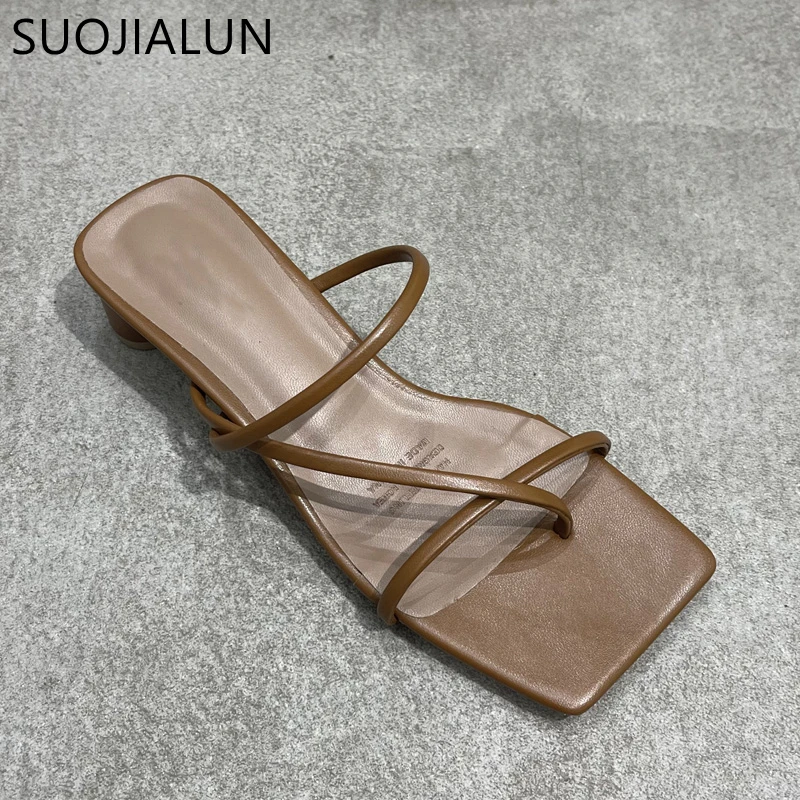 SUOJIALUN Summer Square Low Heel Women Slipper Fashion Narrow Band Ladies Sandal Outdoor Beach Casual Slides Shoes Big Size 40